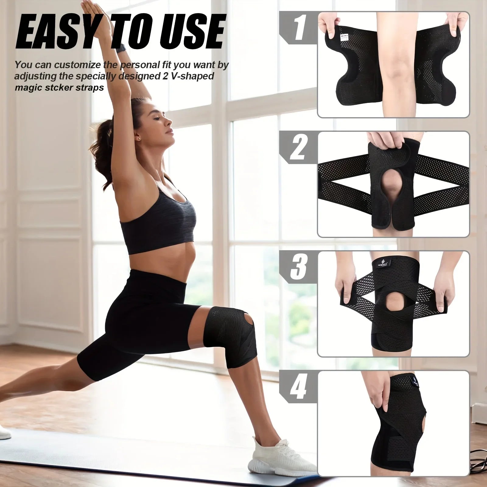 Unisex Compression Sports Knee Brace V-Cross Strap & Breathable Mesh with Side Stabilizers for Knee Pain Relief, Running Support