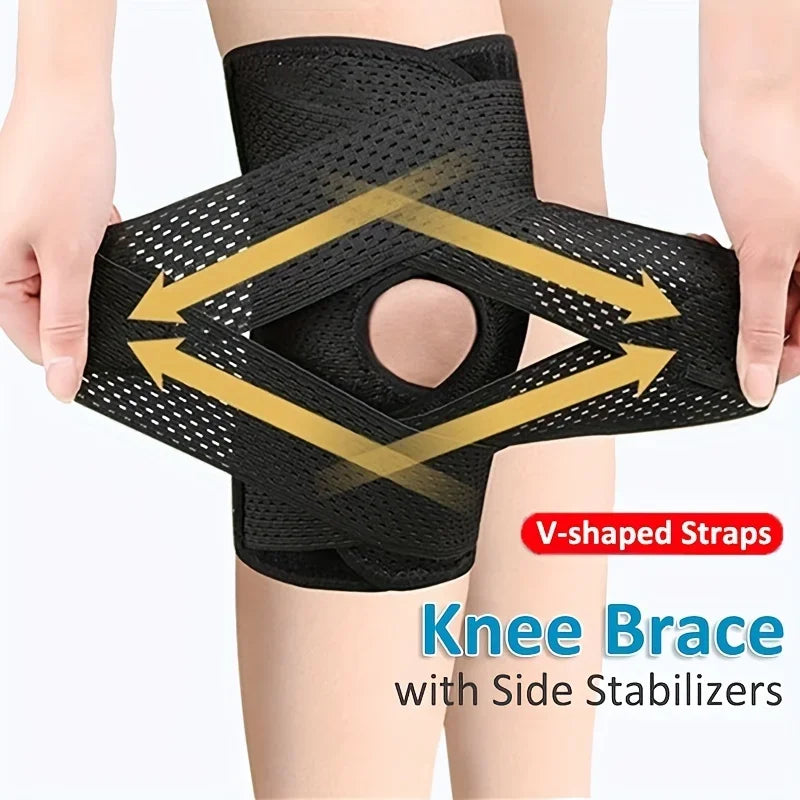 Unisex Compression Sports Knee Brace V-Cross Strap & Breathable Mesh with Side Stabilizers for Knee Pain Relief, Running Support